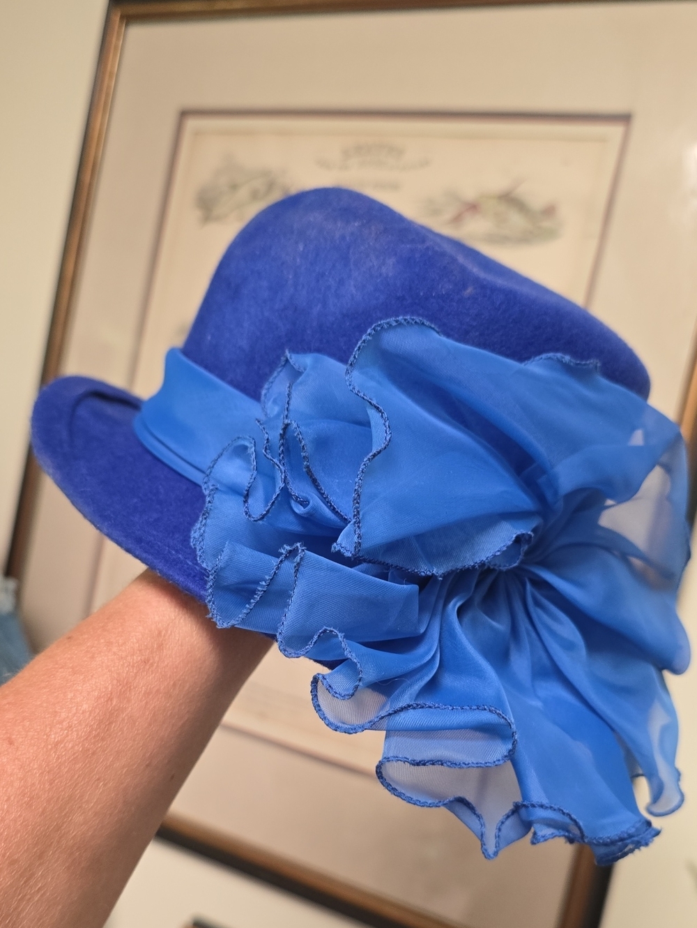 Vintage Arllin Wool Royal Blue Womens Hat with Organza Floral Accent